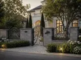 Perspektywiczny widok kutego systemu ogrodzeniowego z furtką wejściową, wkomponowanego w nowoczesną architekturę i zieleń ogrodową.