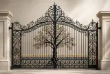 Kuta brama dwuskrzydłowa z motywem drzewa życia, złoconymi liśćmi i ozdobnym zwieńczeniem wolutowym