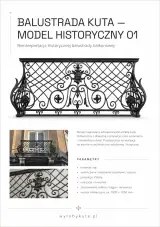 Karta katalogowa klasycznej balustrady kutego modelu historycznego z parametrami technicznymi i zdjęciami detali