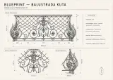Rysunek techniczny i schemat wymiarowy balustrady kutej z widokiem od frontu i boku