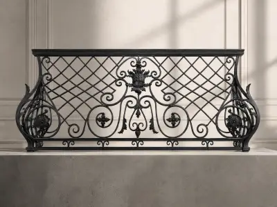 Klasyczna balustrada kuta o historycznym wzornictwie z kartuszem centralnym i ozdobnymi wolutami bocznymi na jasnym tle