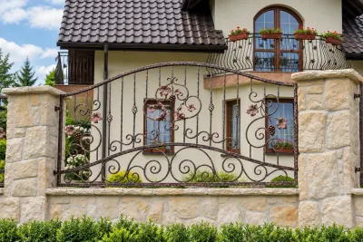 Kute ogrodzenie ornamentowe z motywem winorośli, model OK01 — odtworzone ujęcie oryginalne. Wizualizacja AI.