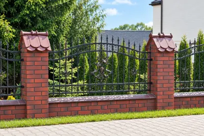 Kute ogrodzenie stalowe z ornamentyką winiarską, model OK04 — odtworzone ujęcie oryginalne. Wizualizacja AI.